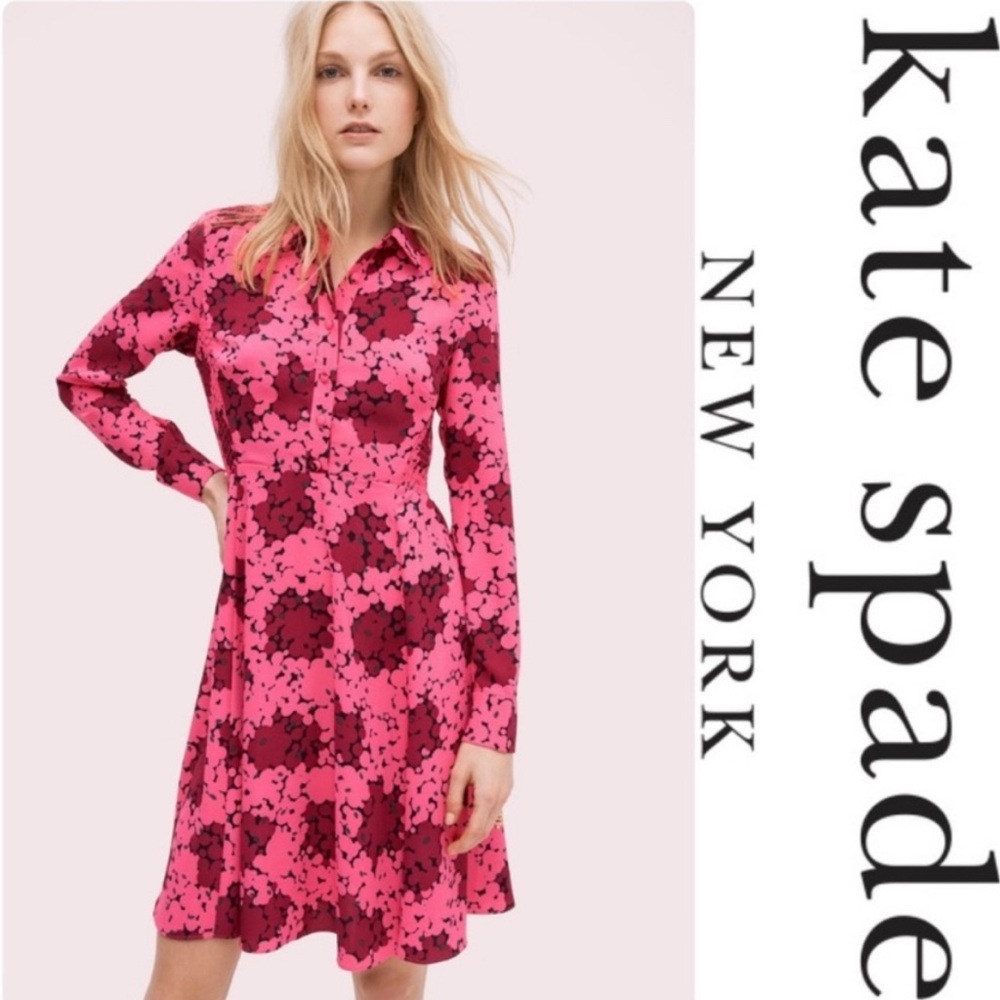 Kate Spade New York Bubble Dot Smocked Dress in Rhubarb Jam. - Picture 2 of 16